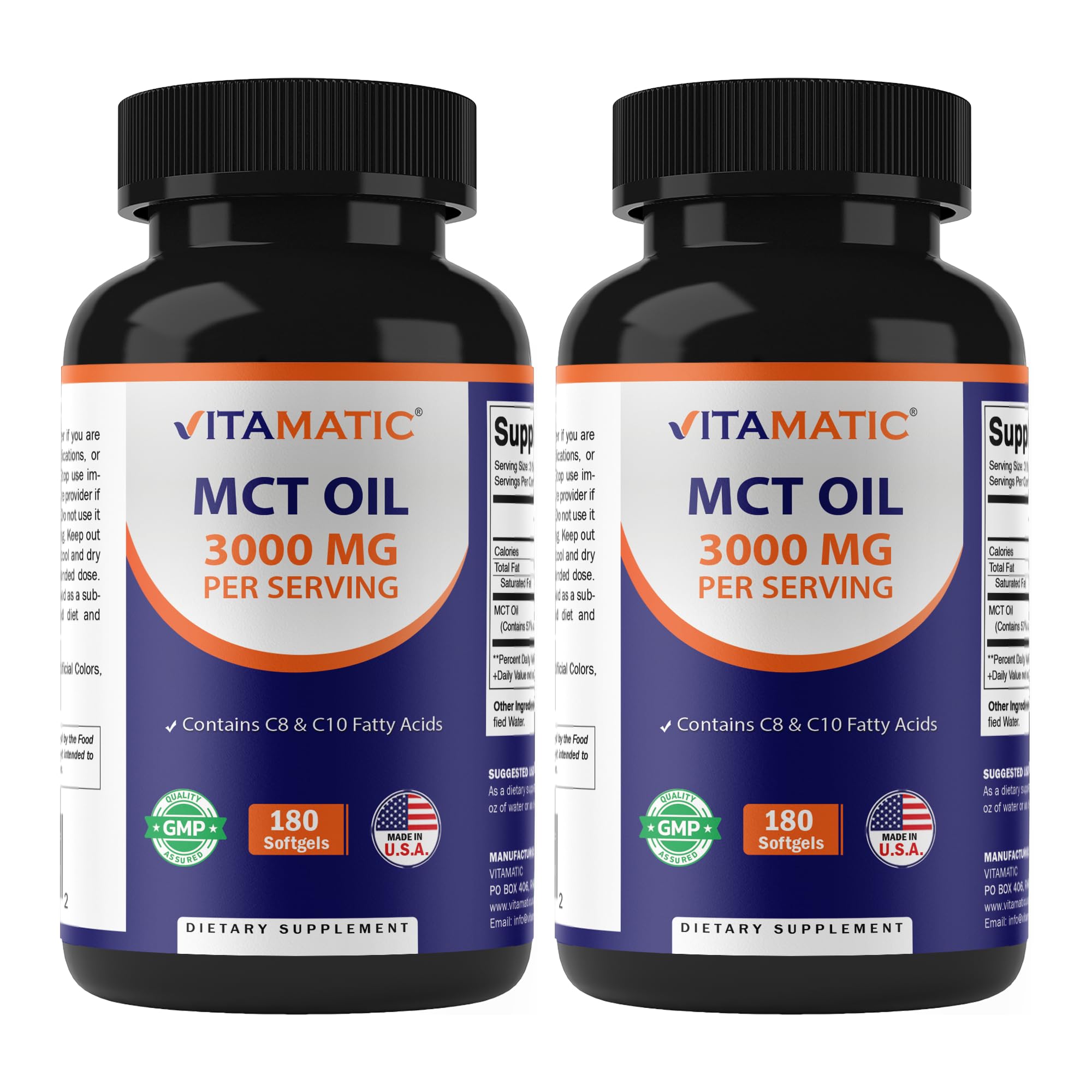 Vitamatic flacon de capsules MCT, prise quotidienne facilitée et pratique.