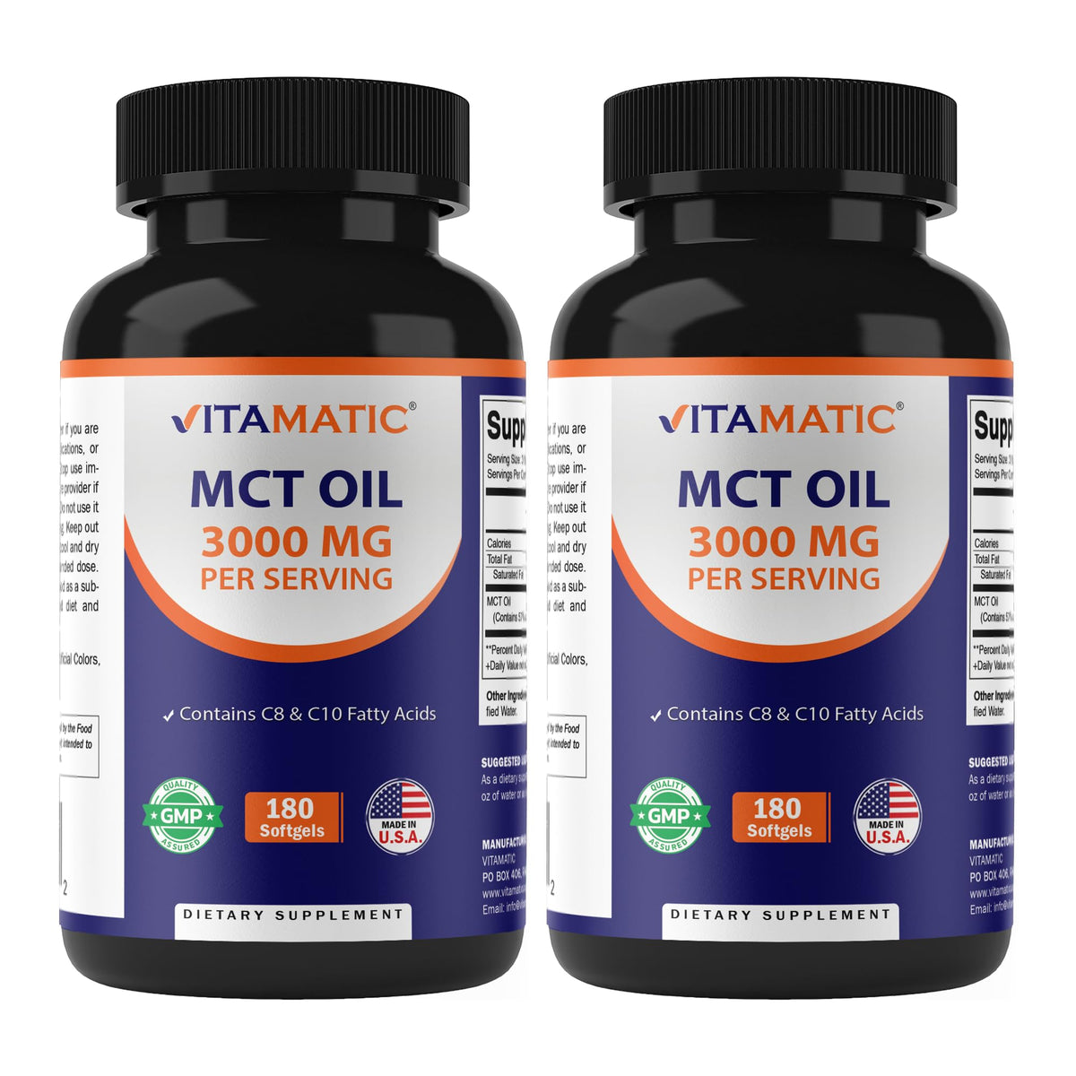 Vitamatic flacon de capsules MCT, prise quotidienne facilitée et pratique.