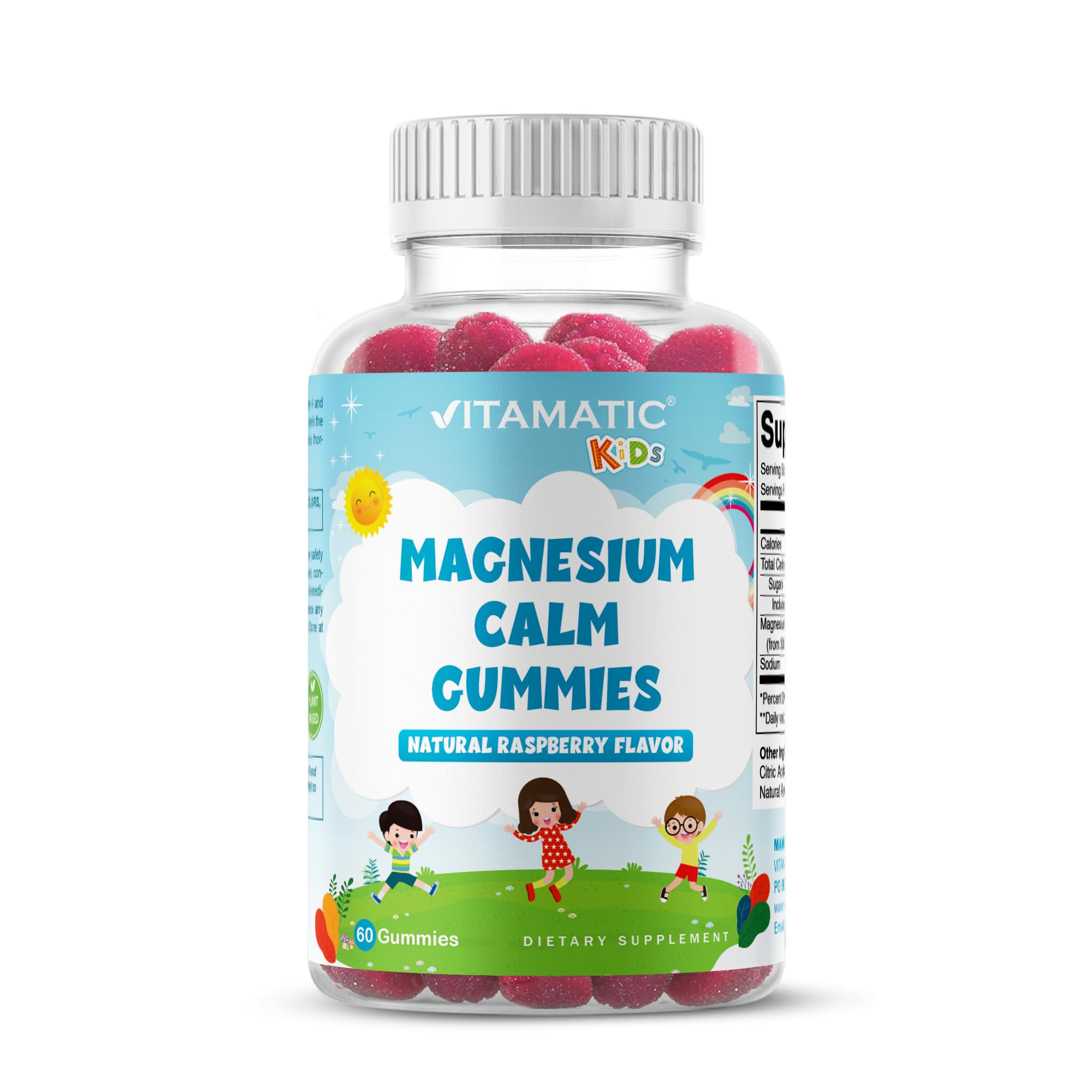 Gommes Vitamatic Kids Magnesium Calm en bouteille, format pratique pour l'apport quotidien.