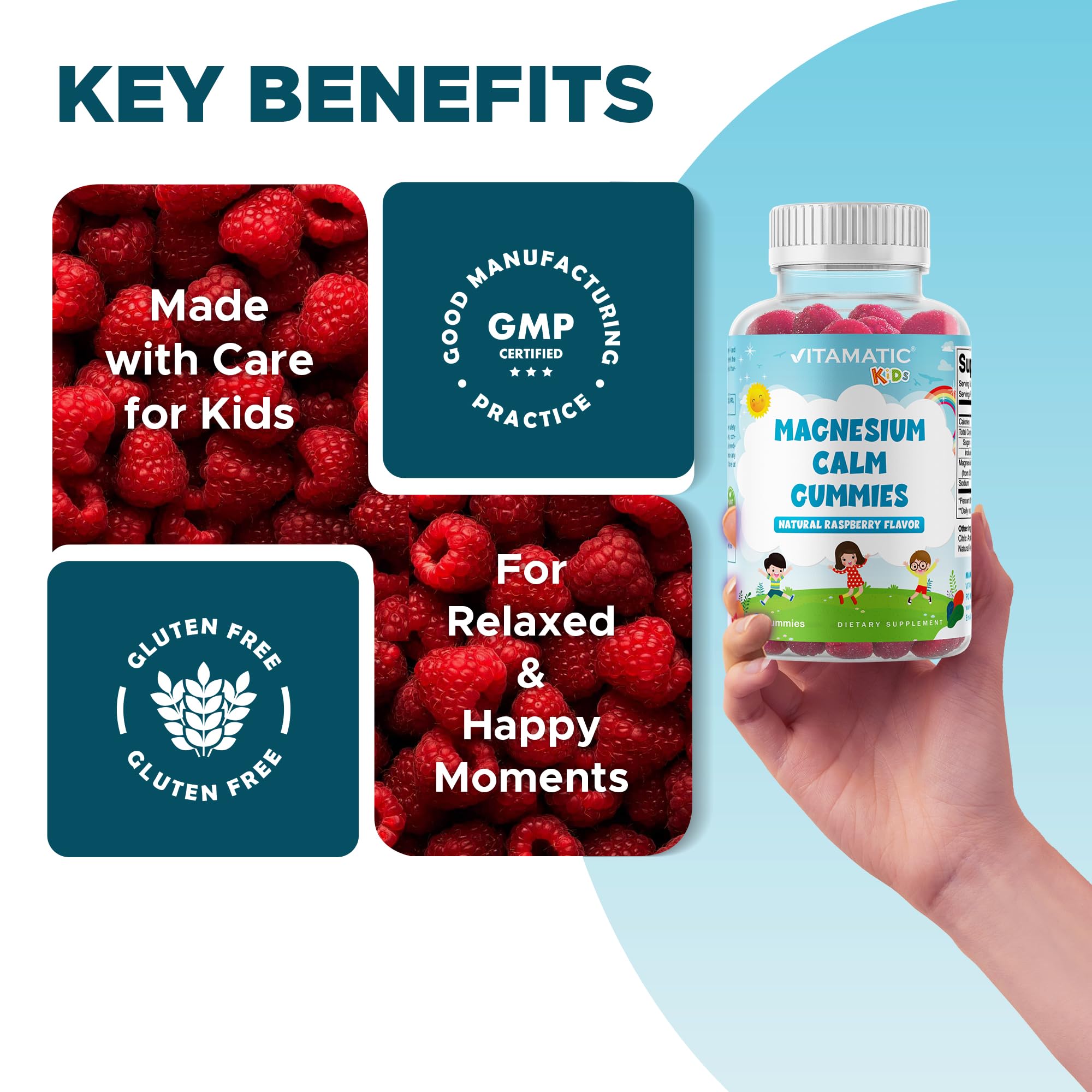 Gommes Vitamatic Kids Magnesium Calm sans allergènes majeurs.