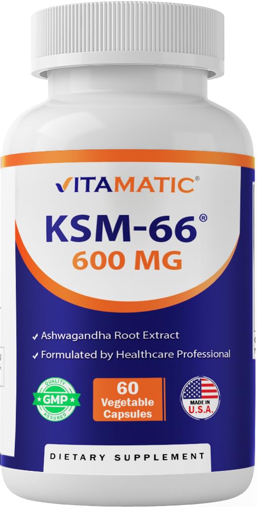 Vitamatic KSM-66 Ashwagandha bouteille 60 capsules, énergie soutenue.