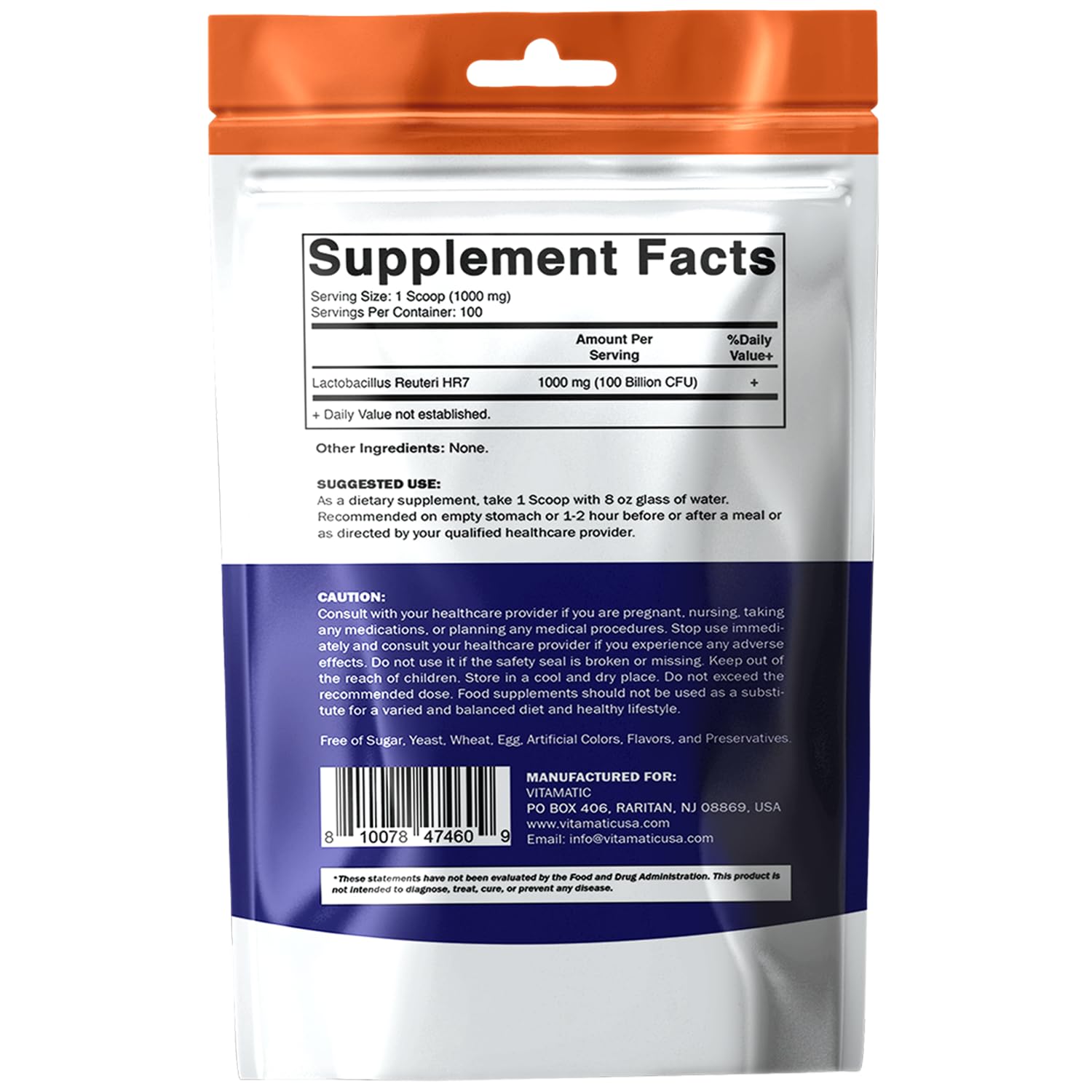 Vitamatic Lactobacillus Reuteri Probiotique Poudre – 100 portions pratiques pour le quotidien.