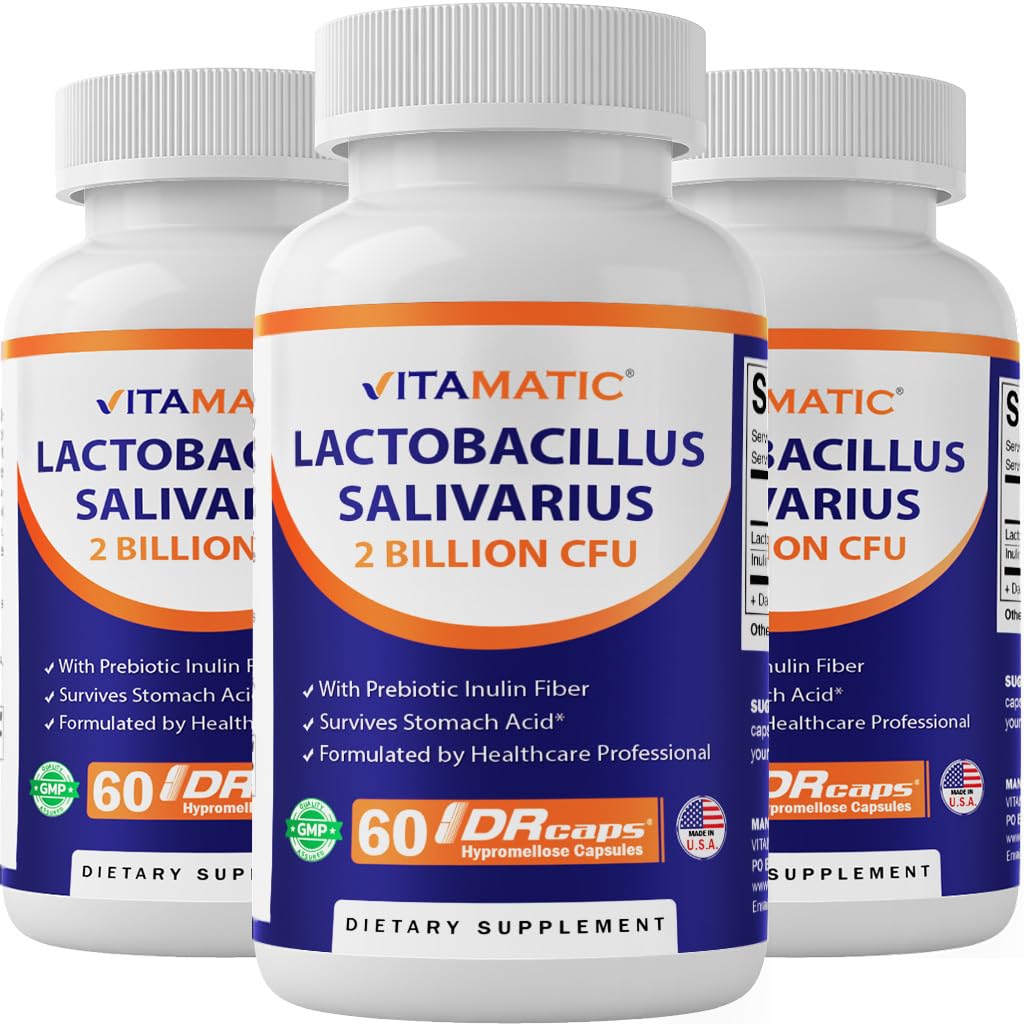 Vitamatic Lactobacillus Salivarius, bouteille de capsules pour un soutien digestif potentiel.