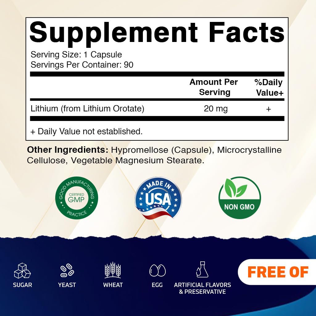 Vitamatic Lithium Orotate 20 mg, bouteille de 90 capsules prête à l’emploi.