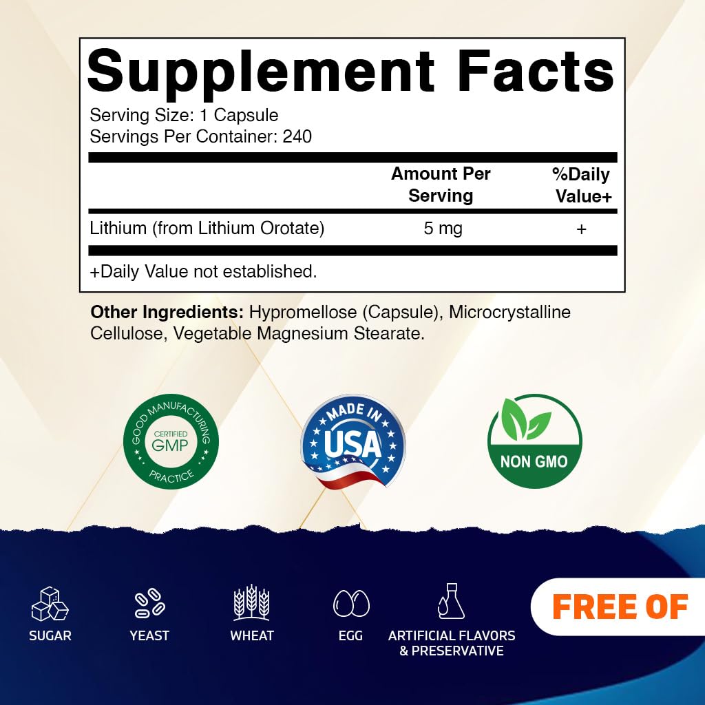 Vitamatic Lithium Orotate 5 mg, bouteilles pratiques de 240 gélules pour votre utilisation.