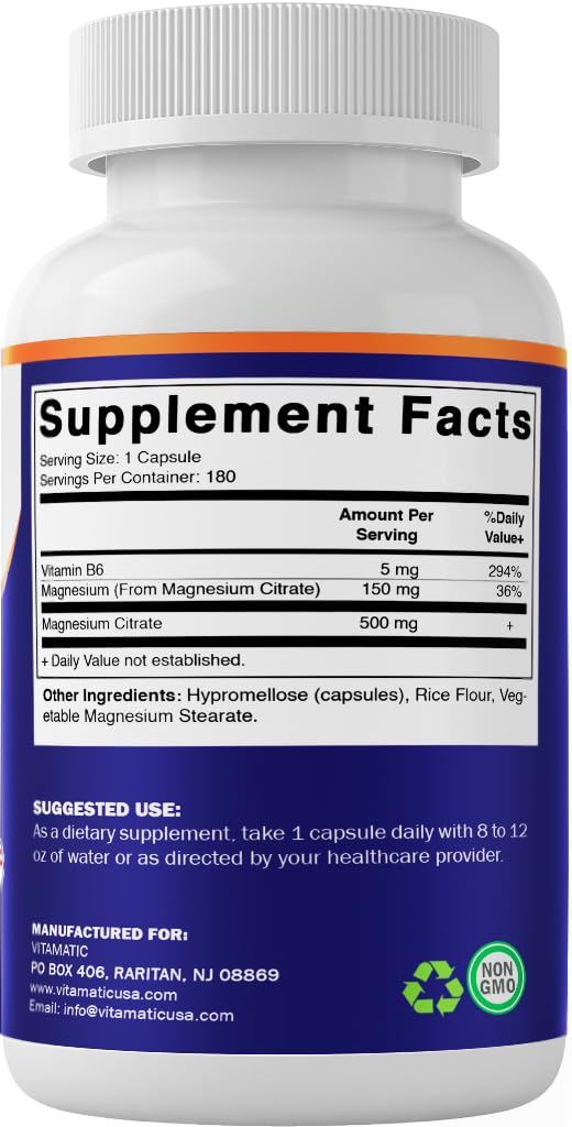 Vitamatic Magnesium Citrate : etiquette lisible et ingrédients sans allergènes.