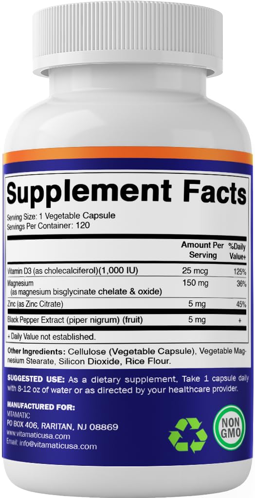 Étiquette Vitamatic Magnésium – sans OGM et sans gluten, options adaptées.