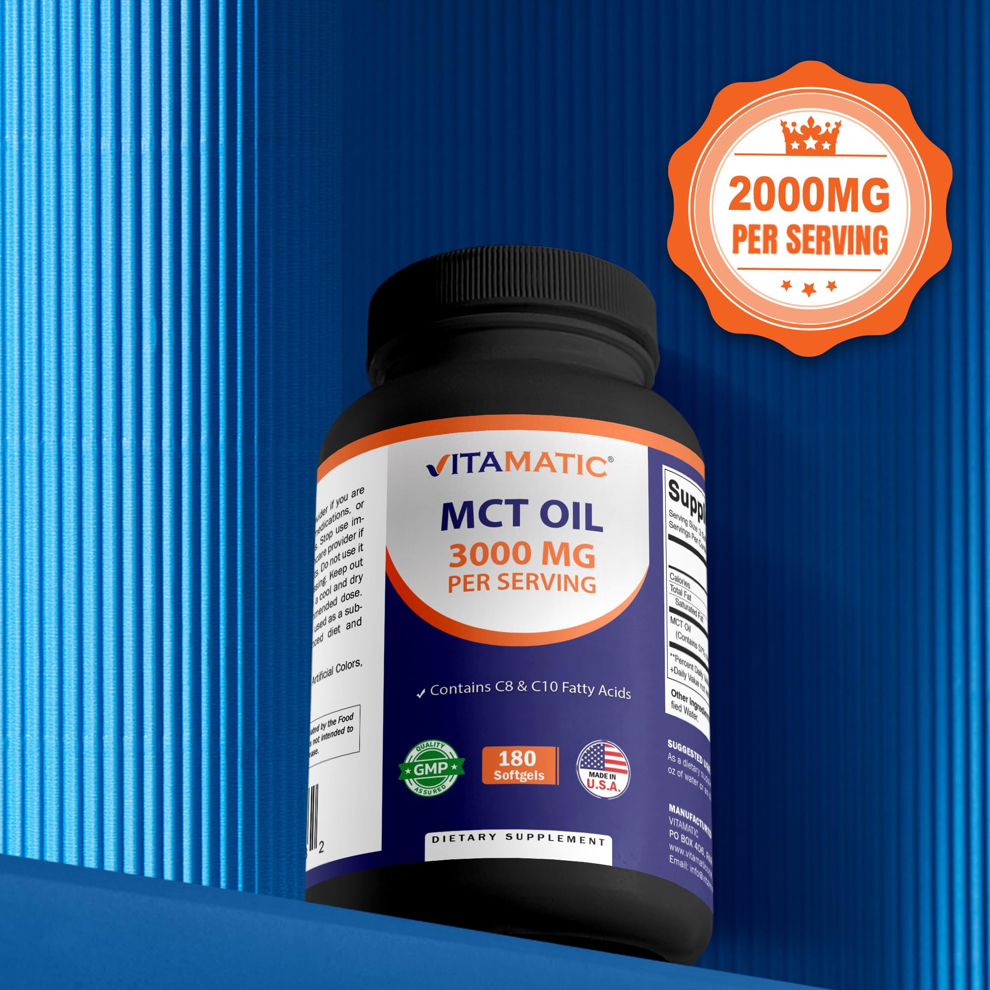 Parfum discret de coco et aspect des gélules Vitamatic MCT.
