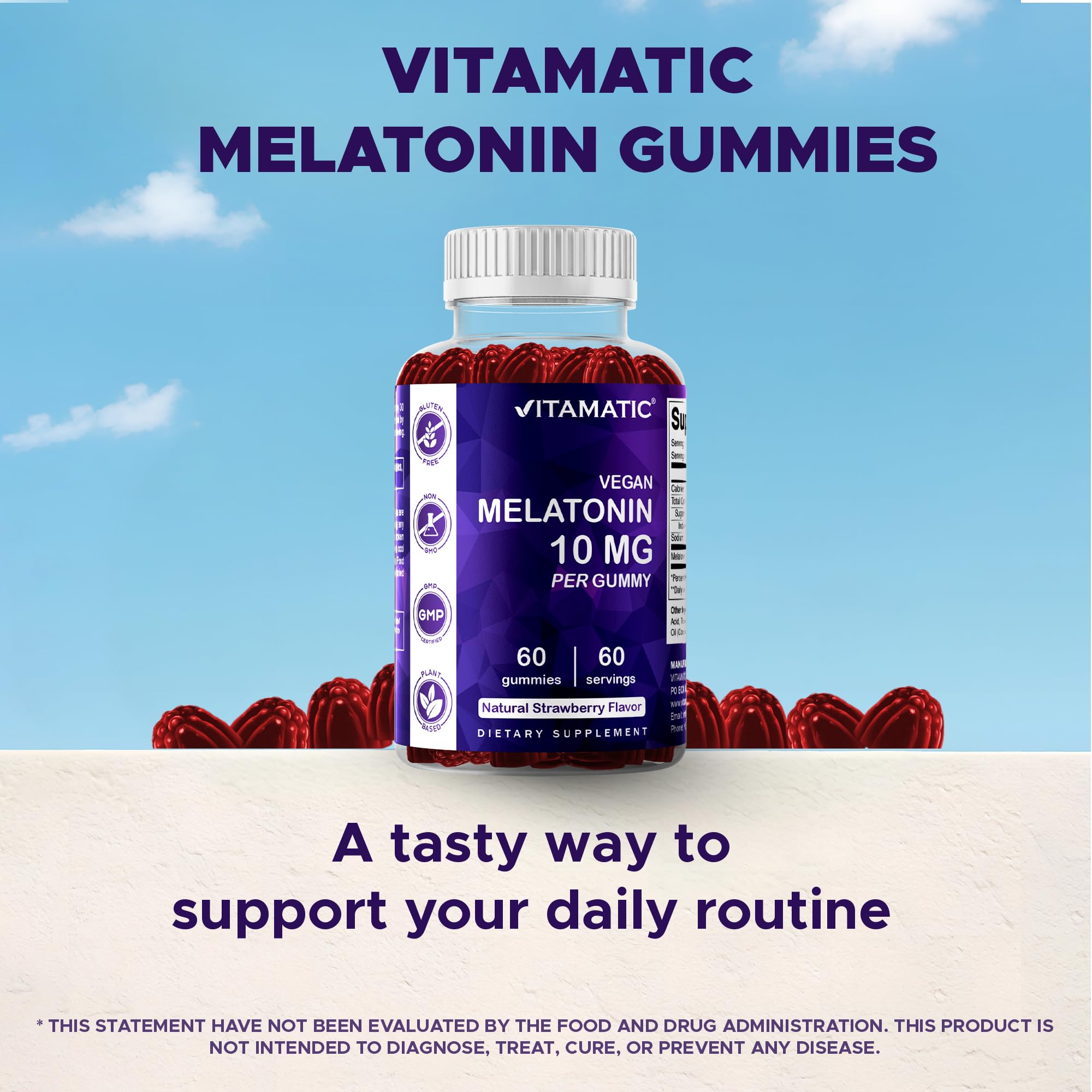 Dosage 10 mg par portion sur les gommes Vitamatic Mélatonine.