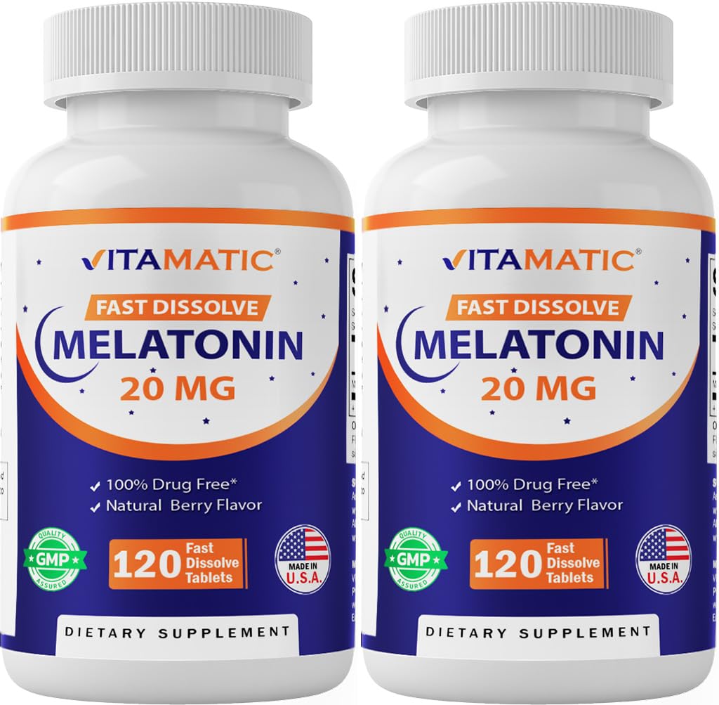 Vitamatic Mélatonine 20 mg – Bouteille visible, soutien potentiel pour le rituel nocturne.