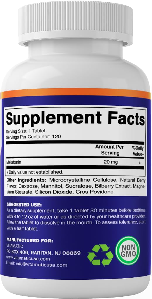 Format dissolution rapide Vitamatic Mélatonine 20 mg, idéal pour les soirées.