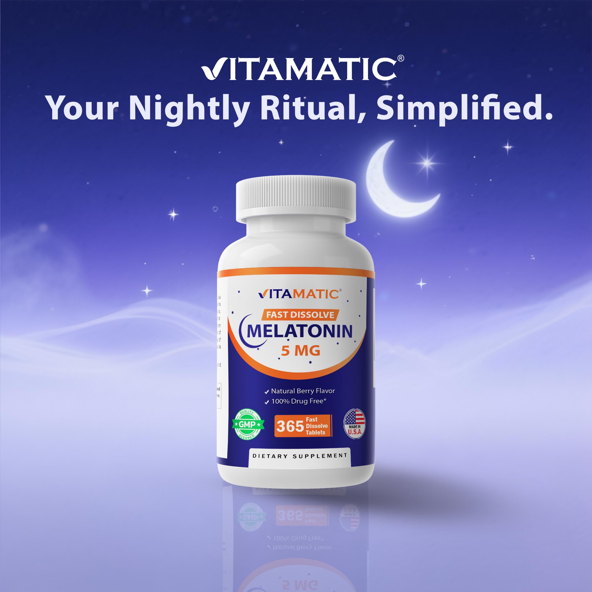 Flacon Vitamatic Mélatonine 5 mg – sans OGM et sans gluten.