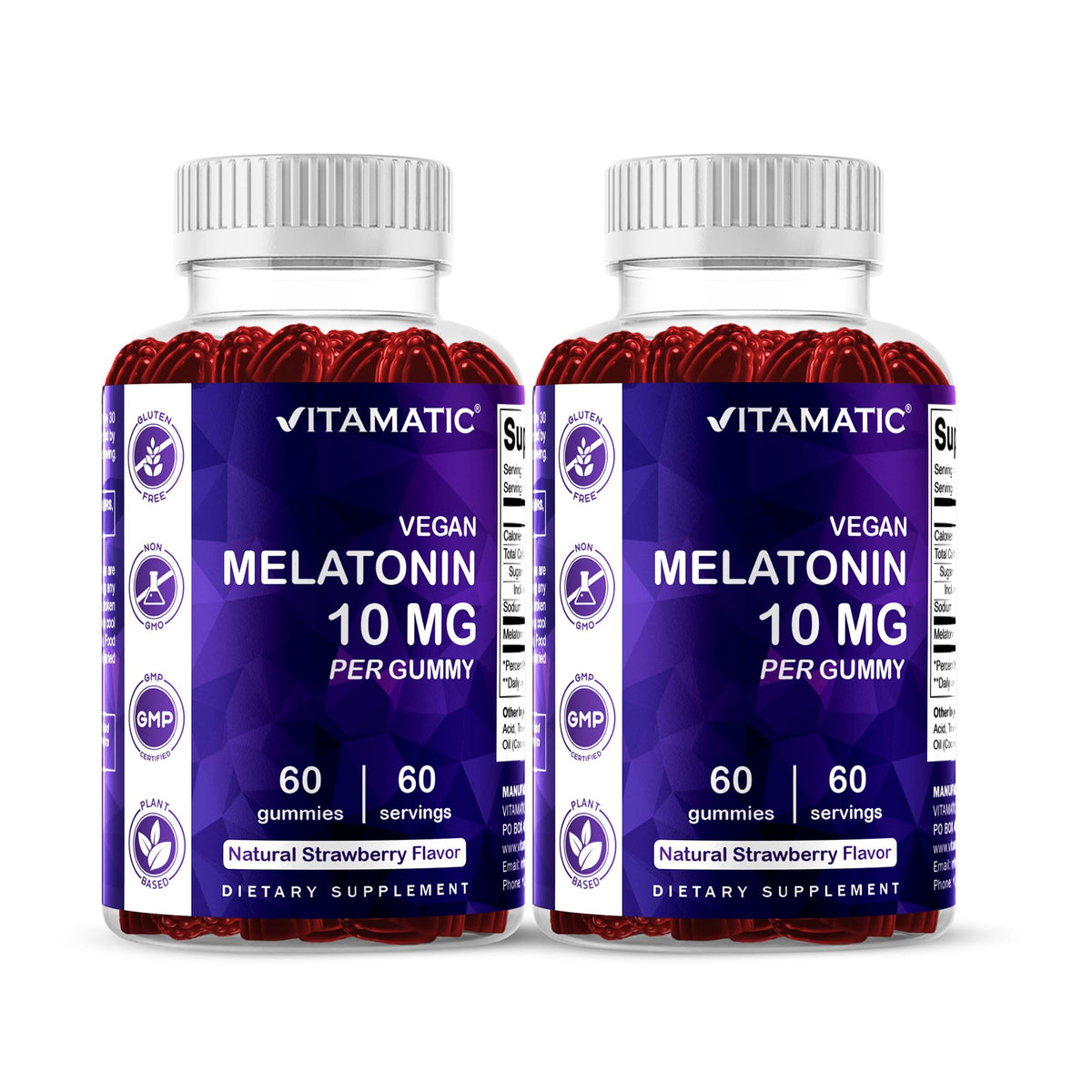 Gommes Vitamatic Mélatonine, bouteille fraise, soutien potentiel au sommeil paisible.