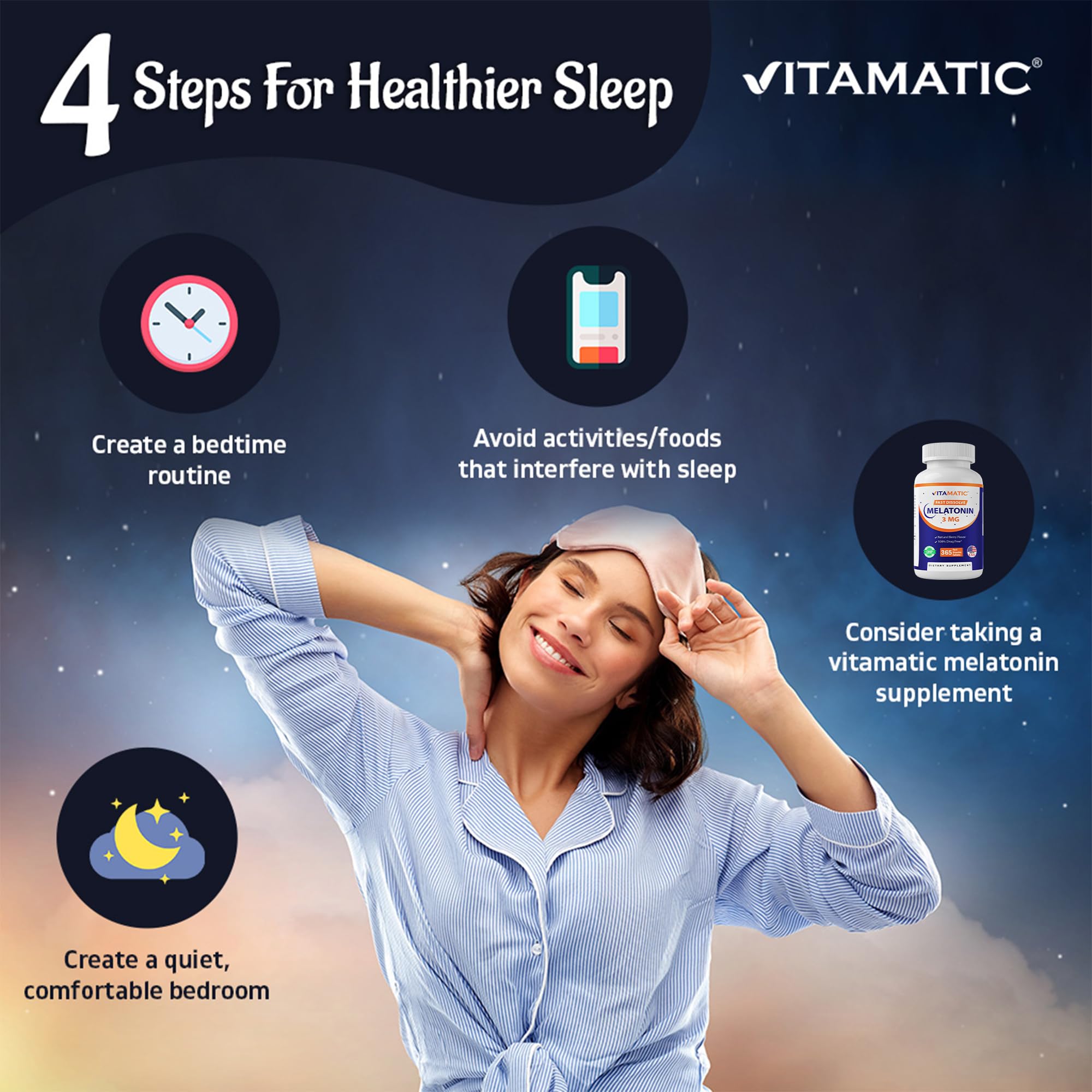 Sans gluten Vitamatic Mélatonine pour une routine nocturne sûre.