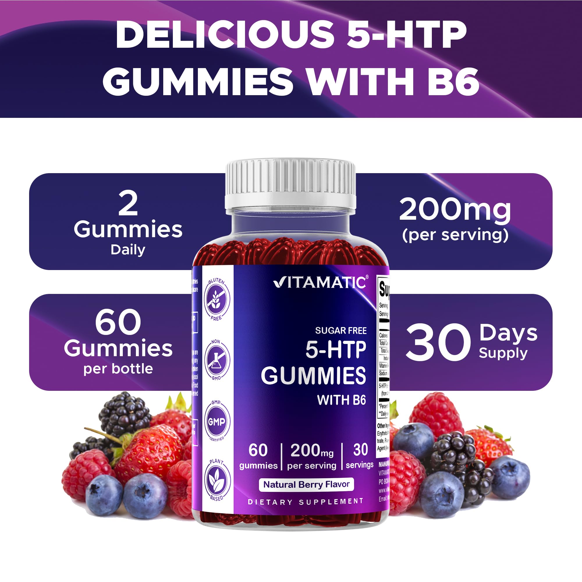 Gommes Vitamatic sans sucre 5-HTP texte etiquette claire