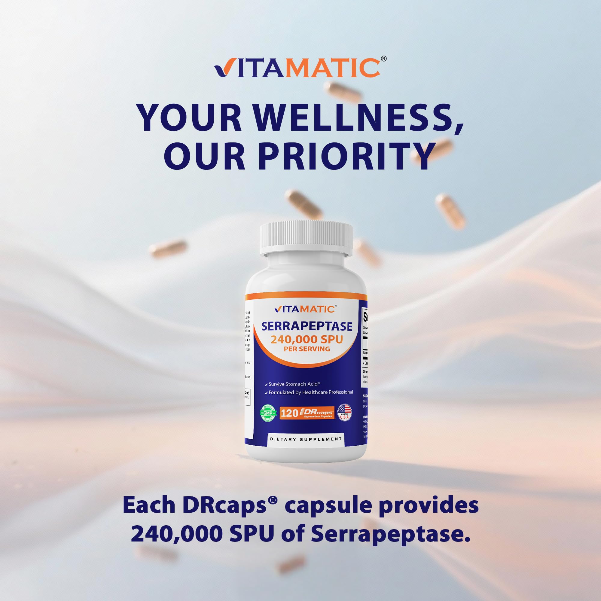 Étiquette Vitamatic Serrapeptase sans OGM, choix naturel.