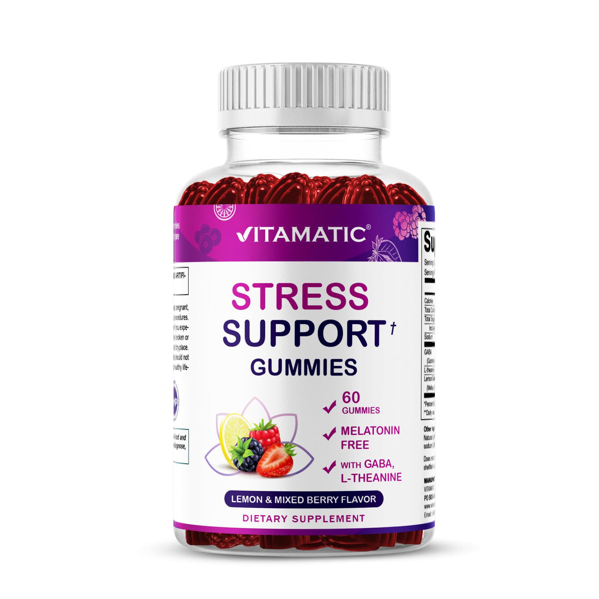 Gommes Vitamatic Stress Relief dans la bouteille, favorisant la détente au quotidien.