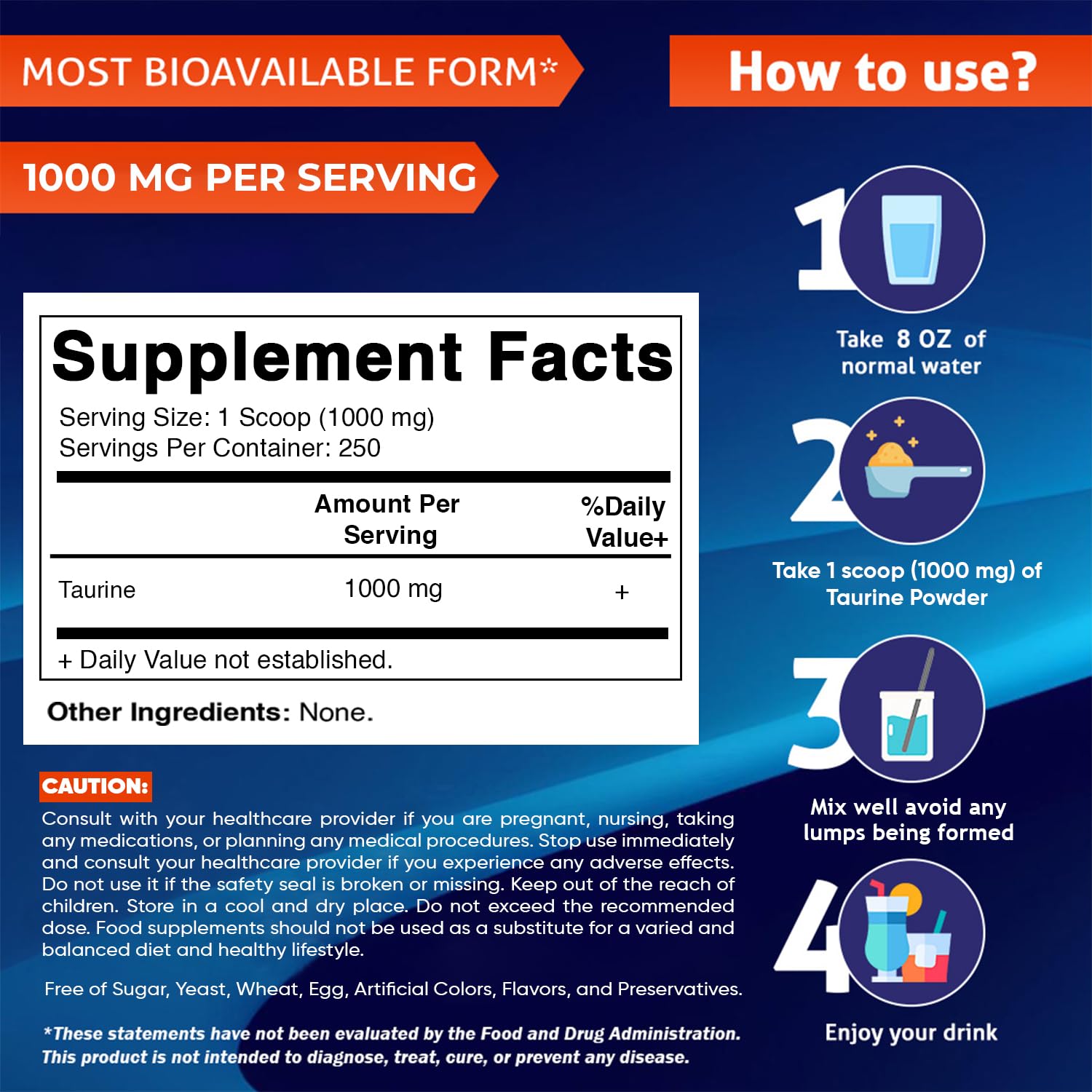 Vitamatic Taurine Pure 1000 mg, comprimés, dosage pratique pour routine végétarienne.