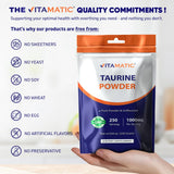 Vitamatic Taurine Pure 1000 mg, flacon hermétique, stockage simple et pratique.
