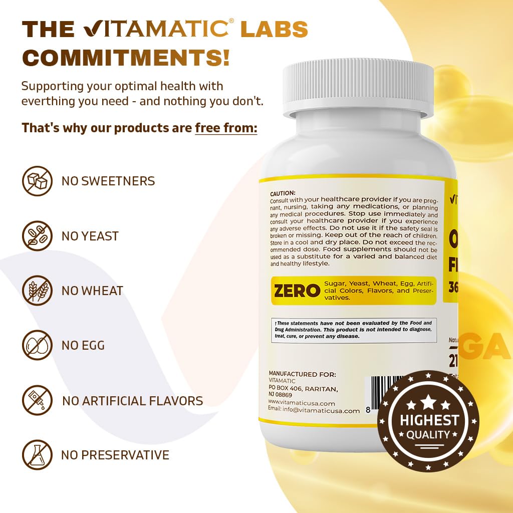 Vitamatic Omega-3: bouchon et étiquette propres pour utilisation sûre.