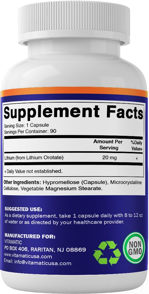 Vitamatic Lithium Orotate 20 mg, fabriqué aux États‑Unis dans une usine GMP.