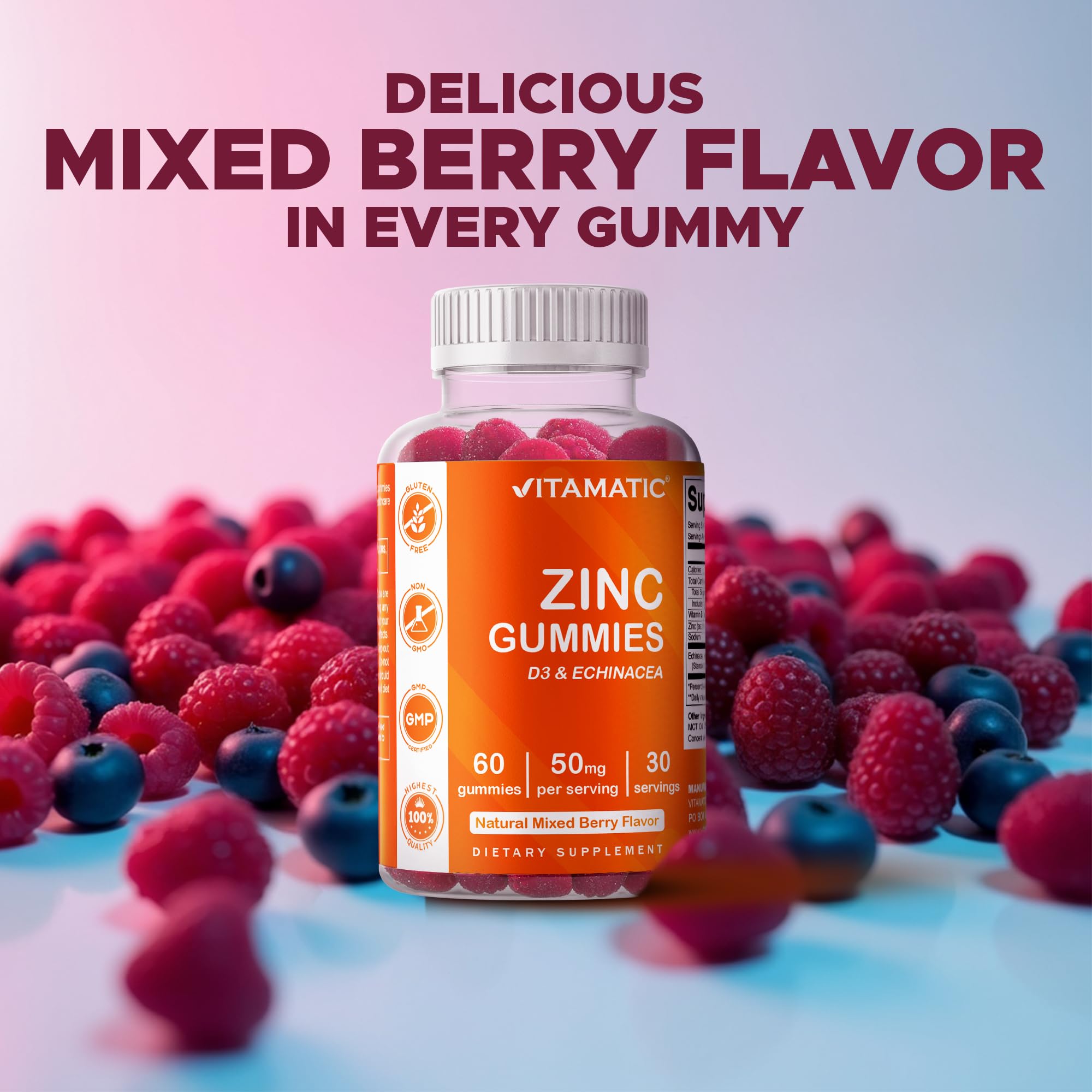 Gommes Vitamatic Zinc, dosage 50 mg par prise, simplicité quotidienne.