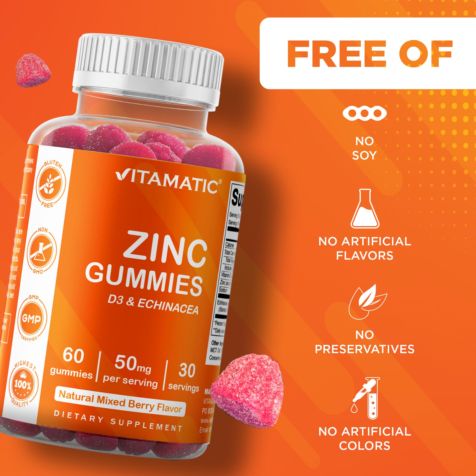 Gommes Vitamatic Zinc sans gluten, adaptées aux régimes sans gluten.
