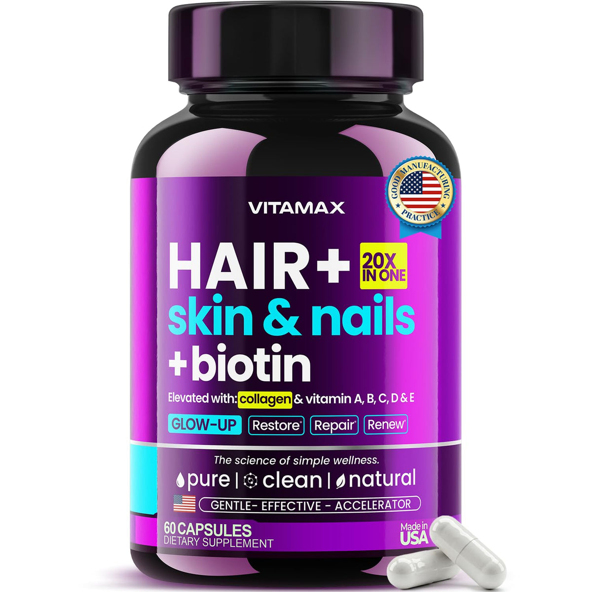 Vitamax: bouteille de gélules Biotine et Collagène pour cheveux plus épais.