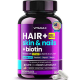 Vitamax: bouteille de gélules Biotine et Collagène pour cheveux plus épais.