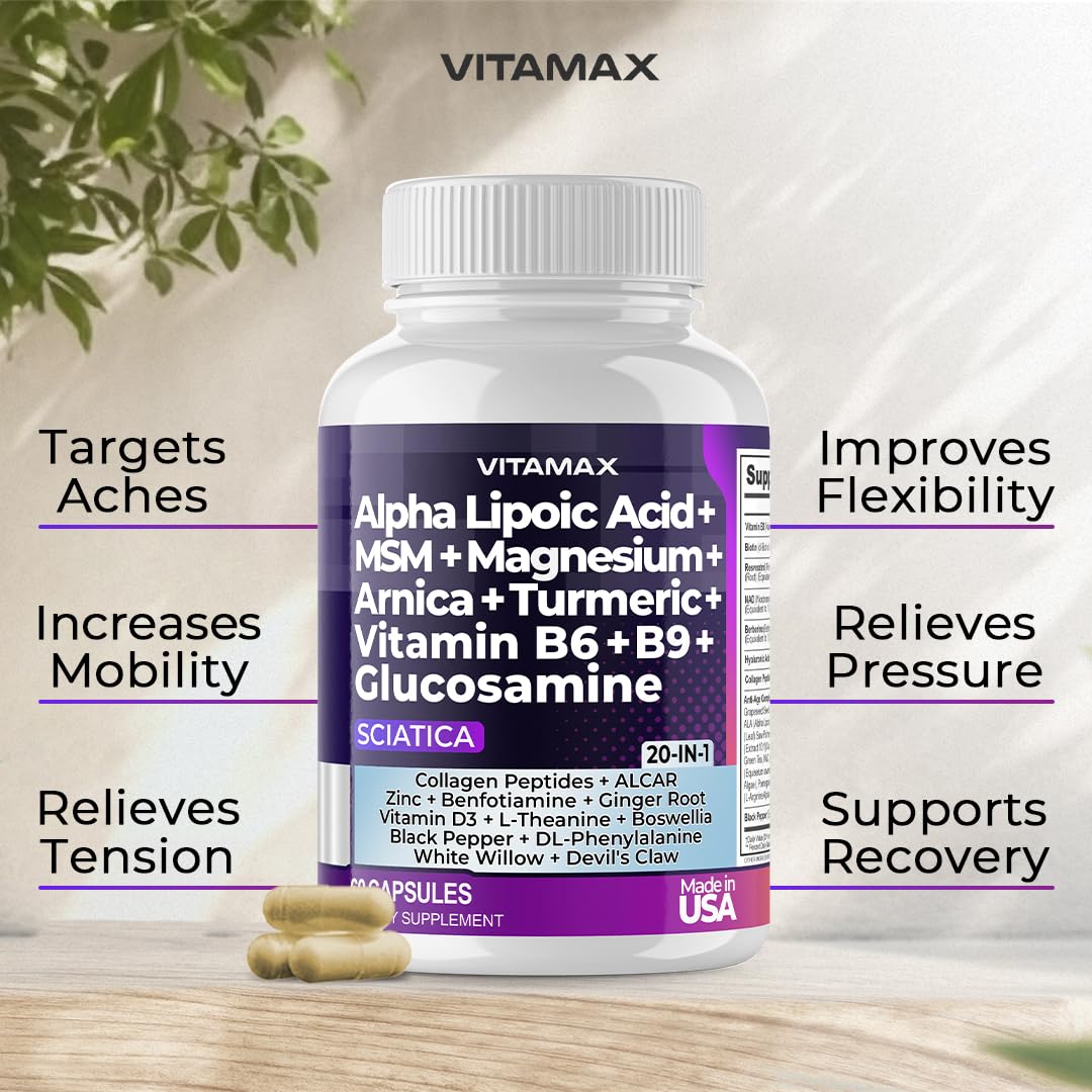 Vitamax: capsules et étiquette montrant glucosamine et MSM pour les articulations
