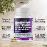 Vitamax: capsules et étiquette montrant glucosamine et MSM pour les articulations