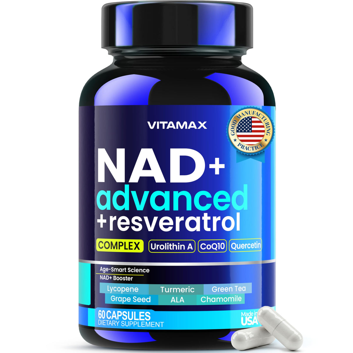 Vitamax liposomal NAD+ – Bouteille à puissance élevée, énergie soutenue et régénération quotidienne.