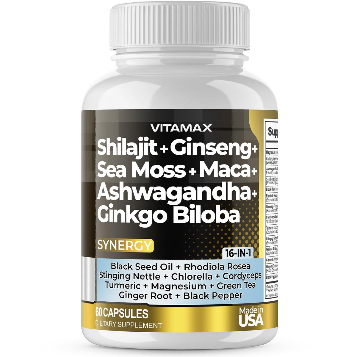 Vitamax Pure Shilajit – bouteille et capsules, énergie naturelle potentielle.