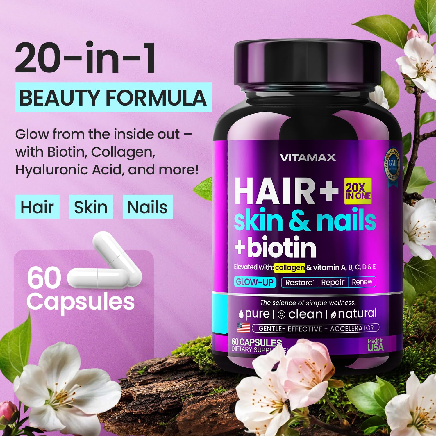 Vitamax: vue globale sur cheveux, peau et ongles nourris.