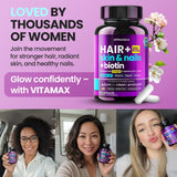 Vitamax: tableau d'ingrédients montrant les bénéfices possibles pour cheveux, peau et ongles.