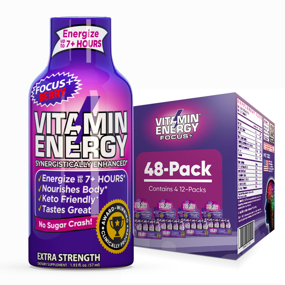 Vitamin Energy Focus+ ampoule énergétique baie vue avant, énergie durable et concentration.