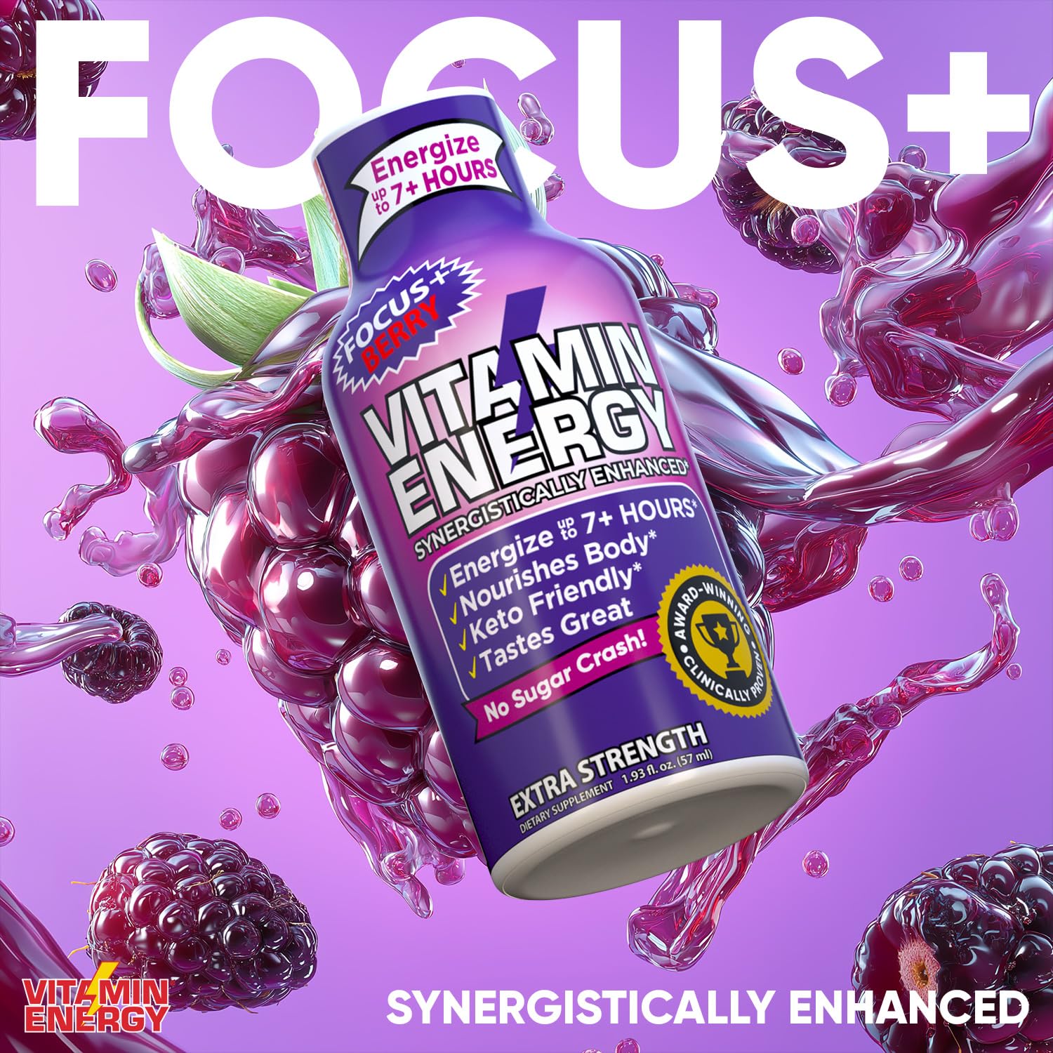 Vitamin Energy Focus+ ampoule énergétique baie etiquette claire et design lisible.
