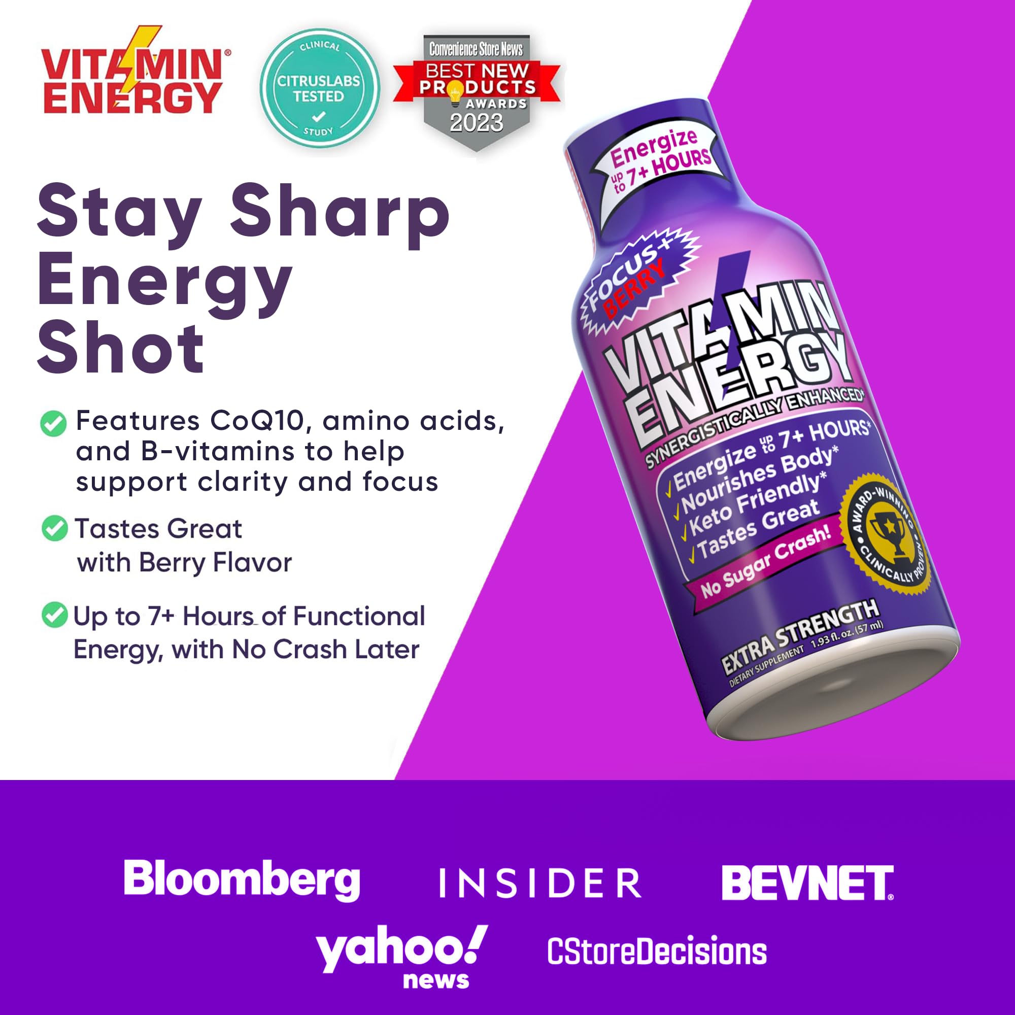 Vitamin Energy Focus+ ampoule énergétique baie gros plan sur les ingrédients clés.