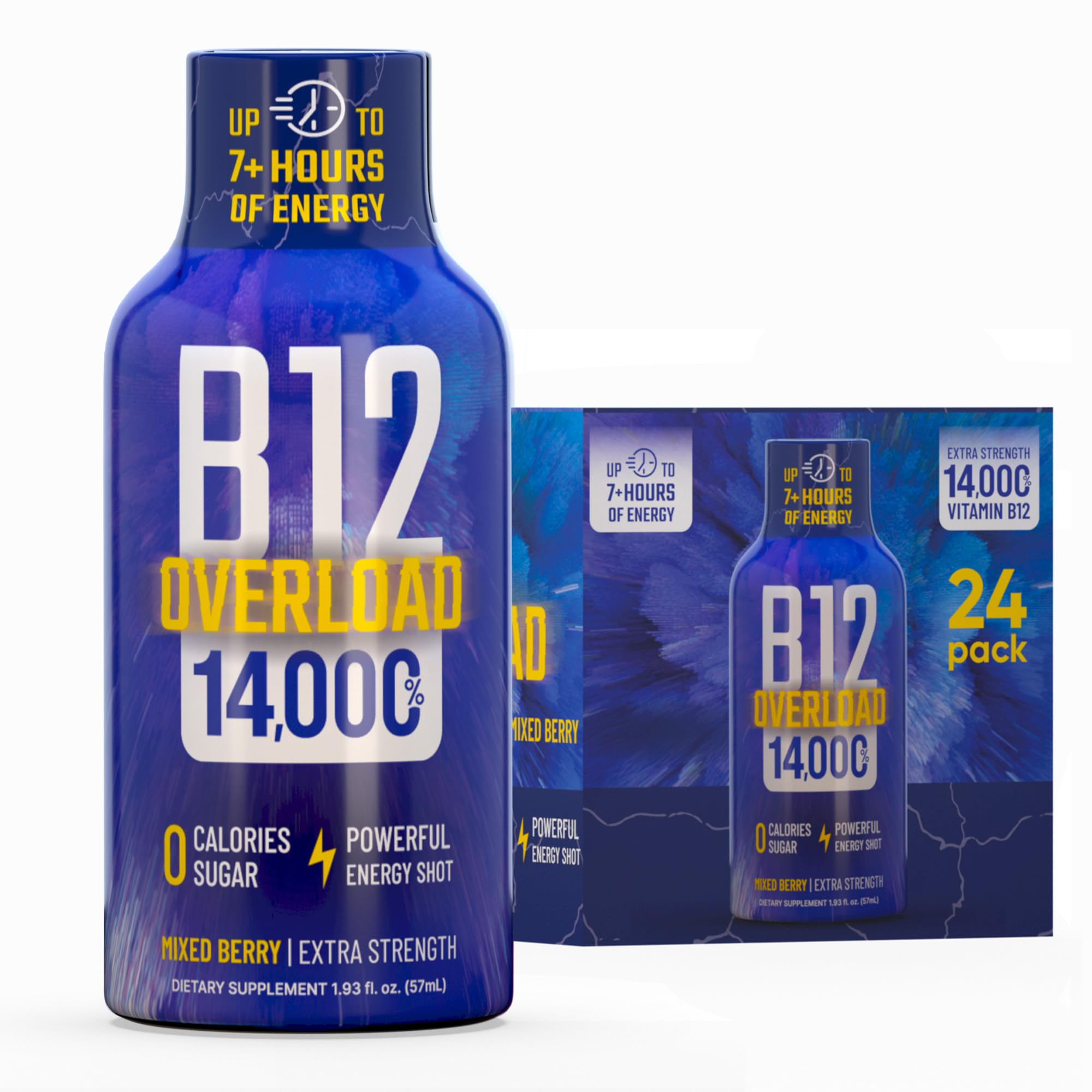 Vitamin Energy B12 Overload – flacon fruits rouges, énergie durable sans sucre.
