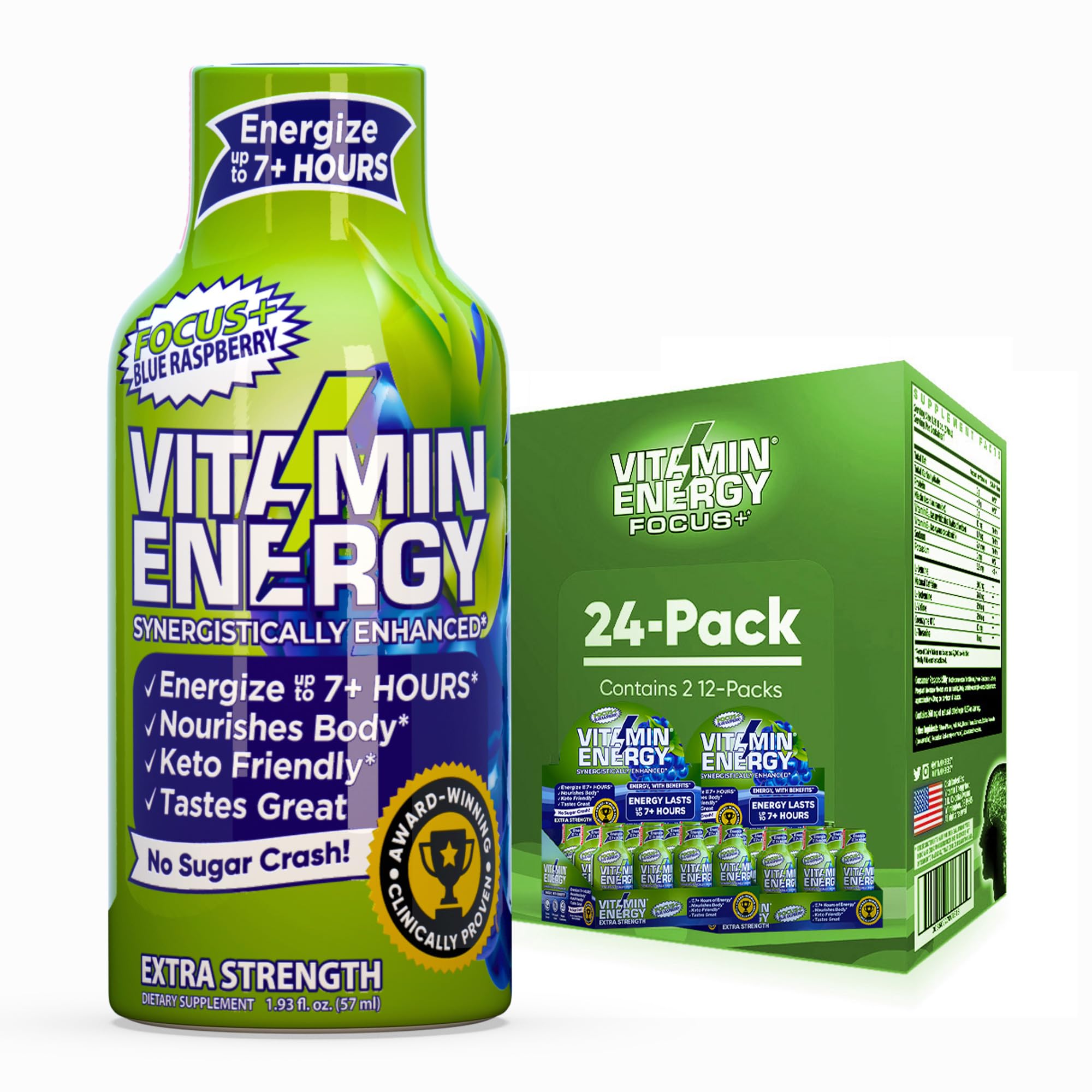 Vitamin Energy Focus+ pack 24, framboise bleue, énergie durable pour le travail