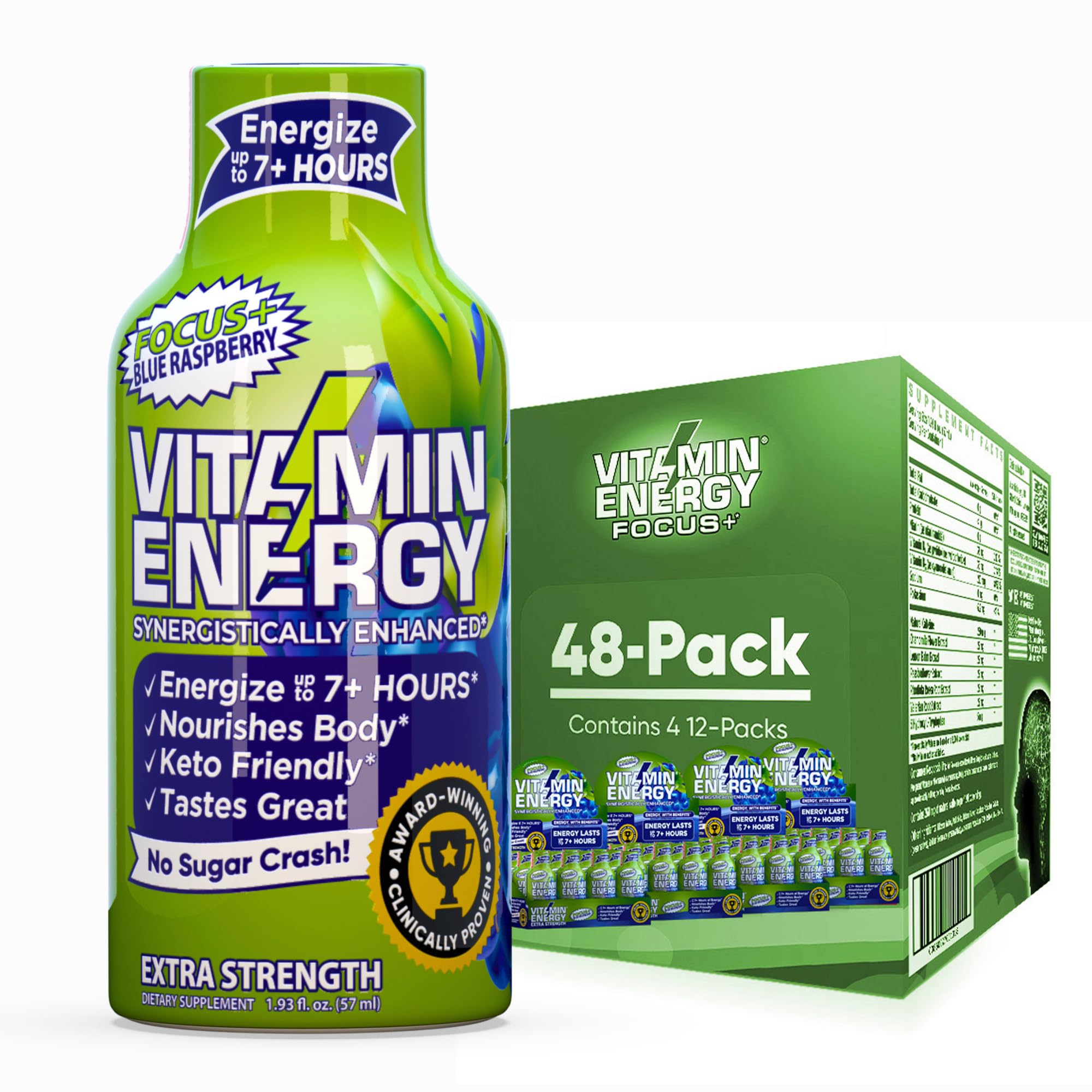 Vitamin Energy Focus+ Shot bleu framboise, bouteille pratique pour énergie durable.