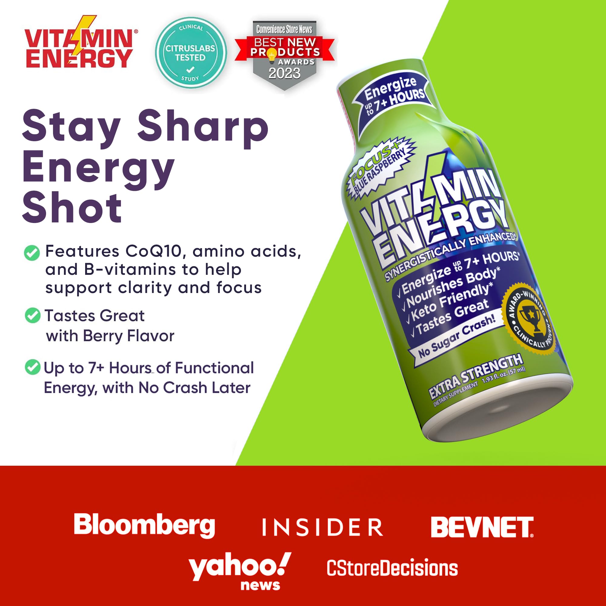 Vitamin Energy Focus+ Shot, image CoQ10 et acides aminés visibles.
