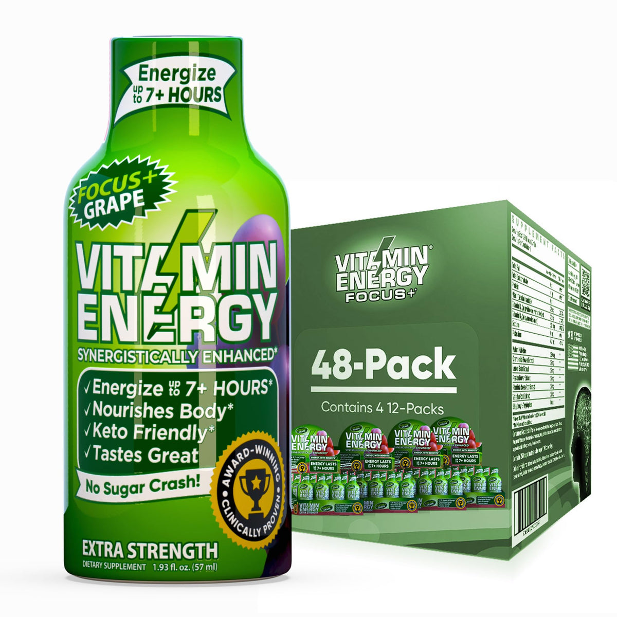 Vitamin Energy Focus+ Shot raisin, bouteille pratique pour rester concentré.