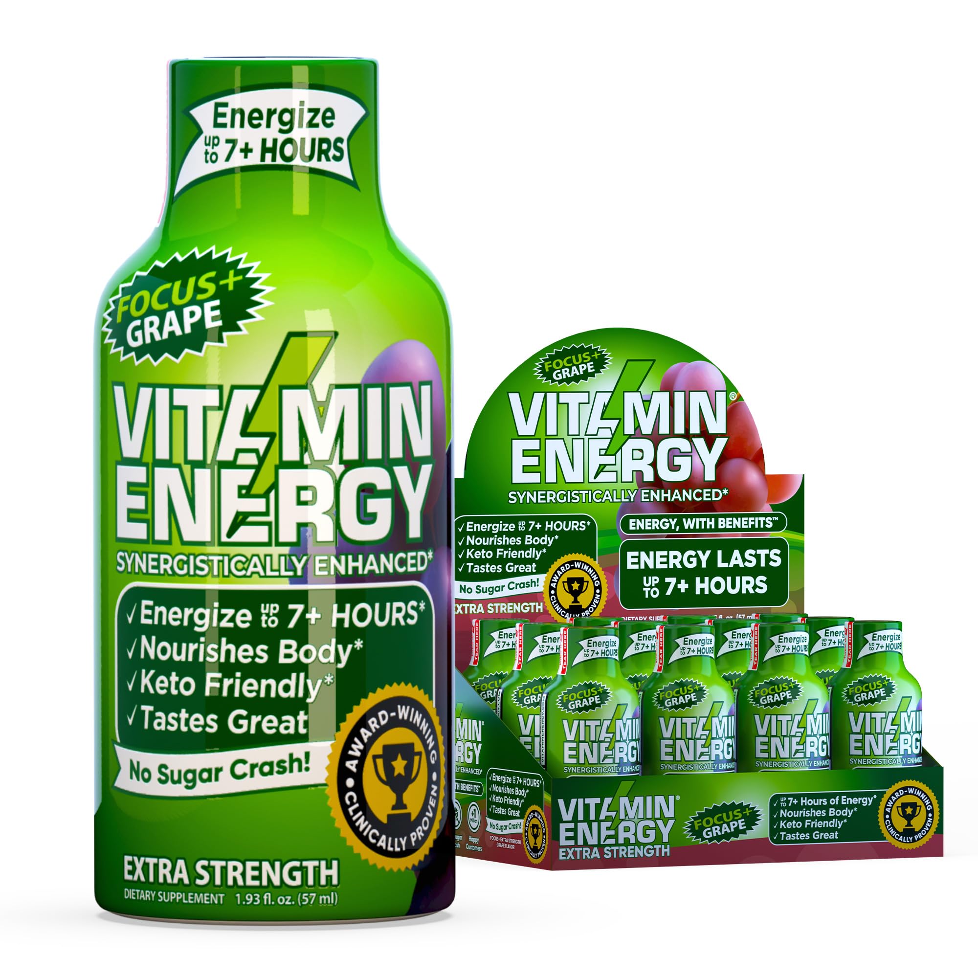 Vitamin Energy Focus+ Shot raisin - bouteille montrant une dose pratique pour l'énergie et la concentration.