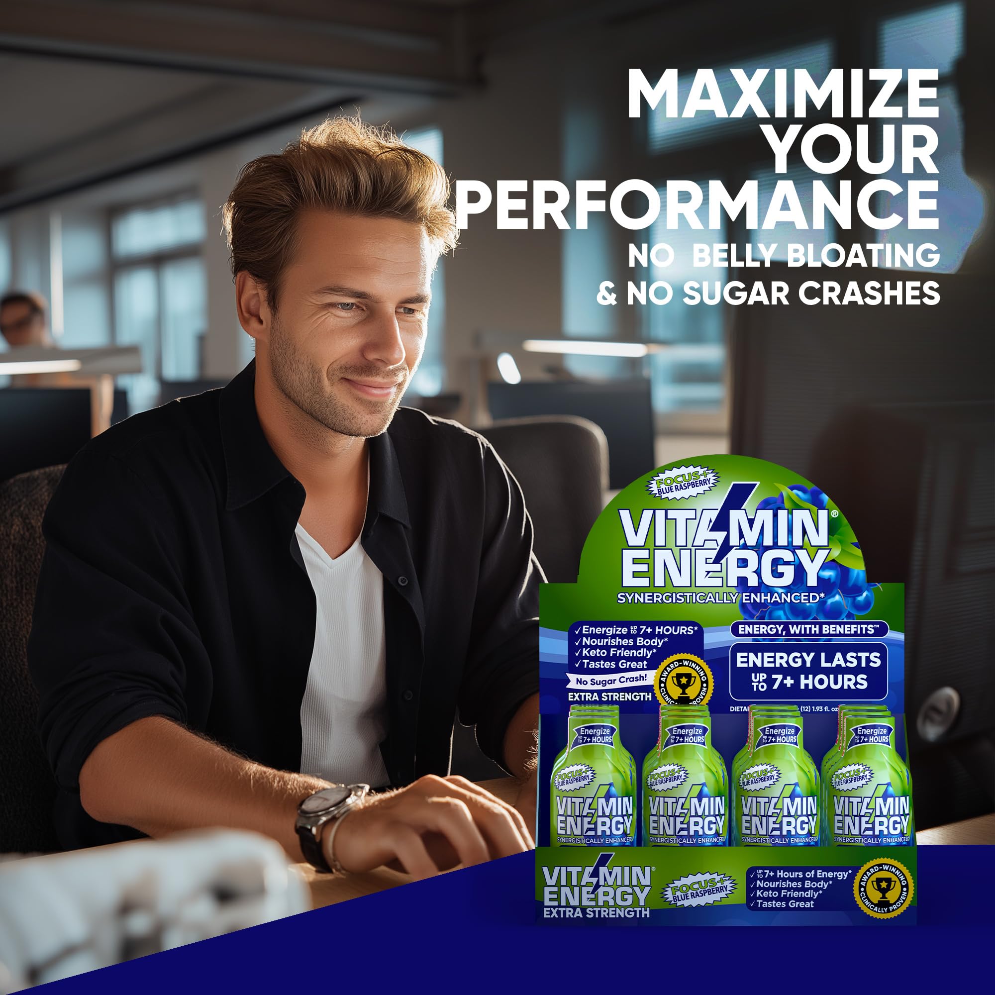 Vitamin Energy Focus+ Shot, étiquette sans sucre et sans calories.