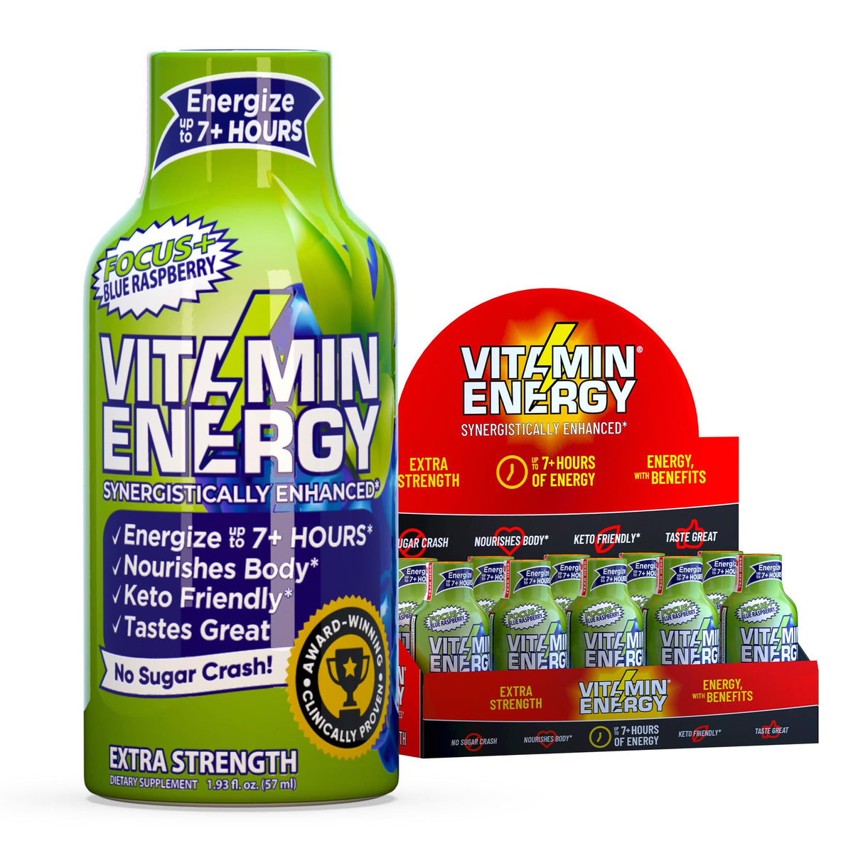 Vitamin Energy Focus+ Shot: bouteille bleu framboise prête à stimuler concentration et énergie.