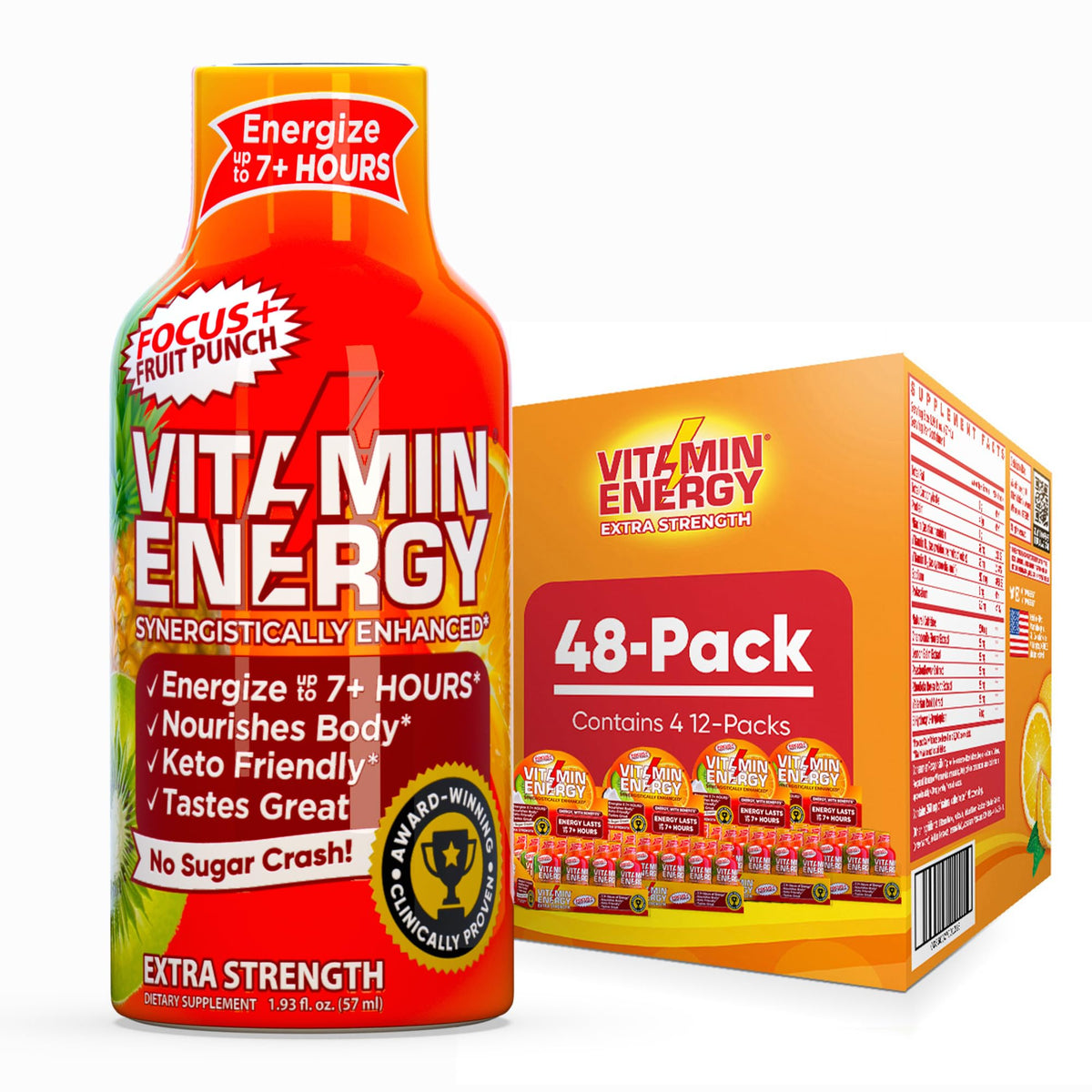 Vitamin Energy Focus+ Shot Fruit Punch – énergie rapide et concentration accessibles dans une bouteille compacte.