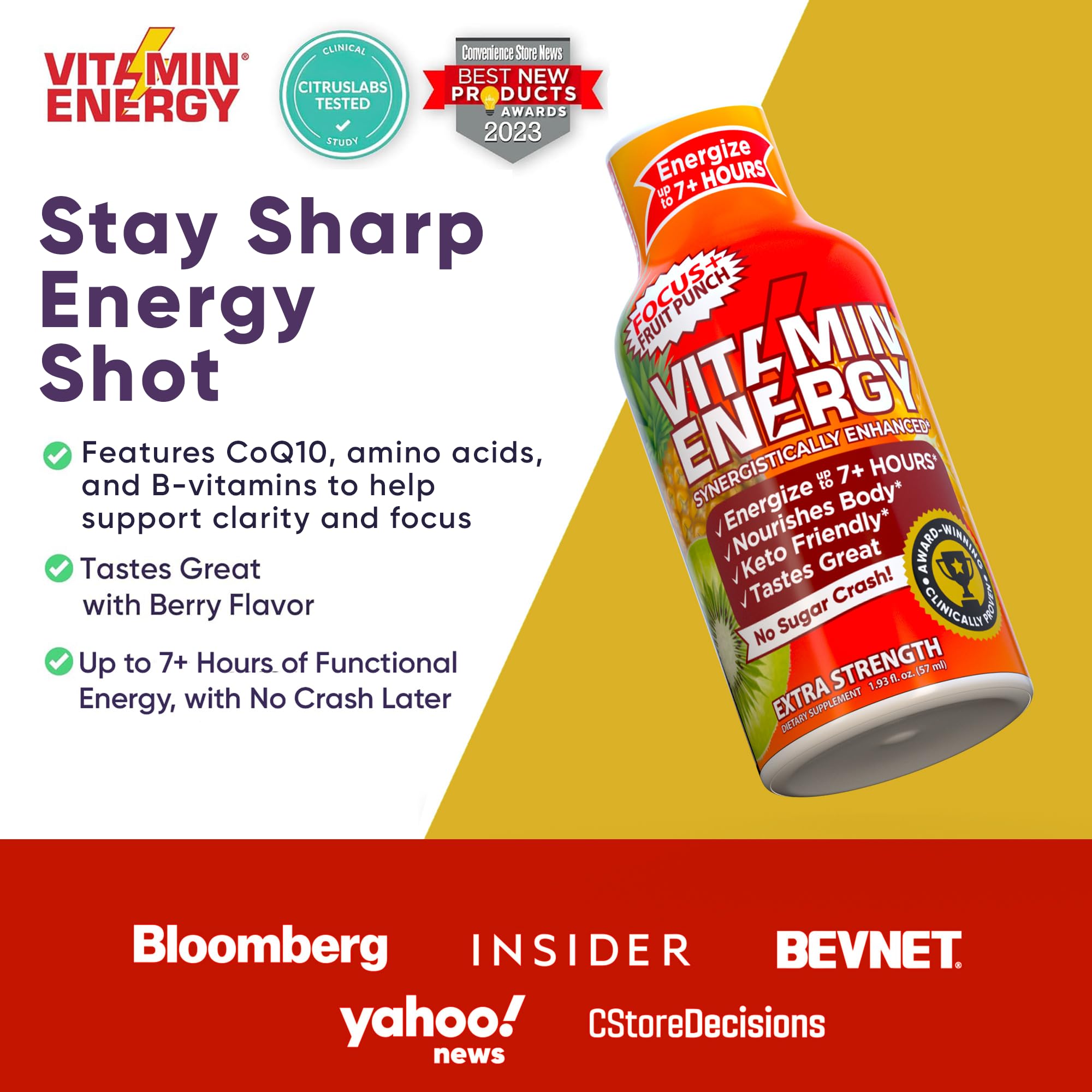 Mise en contexte Vitamin Energy Focus+ Shot goût punch aux fruits sur tableau, idée de plan de travail.