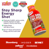 Mise en contexte Vitamin Energy Focus+ Shot goût punch aux fruits sur tableau, idée de plan de travail.