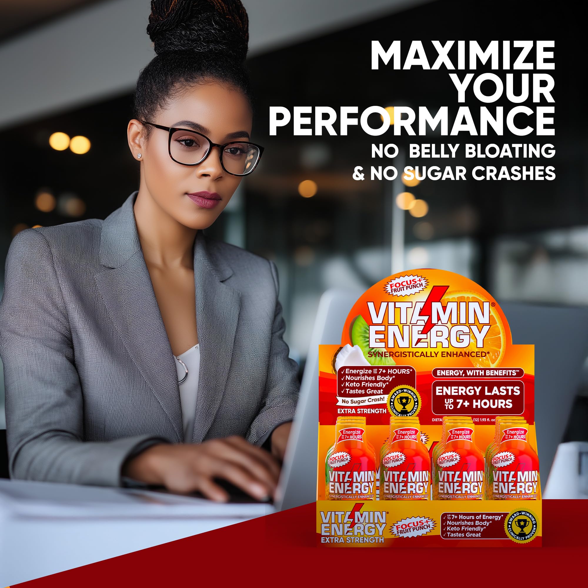 Utilisation rapide de Vitamin Energy Focus+ Shot goût punch aux fruits, idéale avant une tâche exigeante.